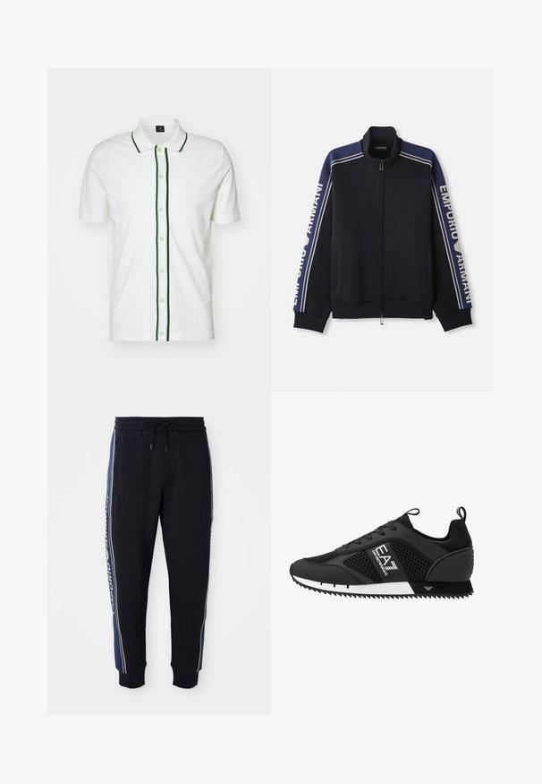 Tummansininen vetoketjullinen urheilutakki, jossa on vaaleanbeiget kaksoisraidat hartioilla ja hihoissa, "Emporio Armani" teksti molemmilla hihoilla.; Valkoinen polo-paita lyhyillä hihoilla, vihreä reunus kaula-aukossa ja nappilistassa, sekä vaaleanbeige napit, valmistettu sileästä kankaasta.; Mustat collegehousut, joissa on siniset sivuhihnat, joustava vyötärö naruilla, sivutaskut ja ribbaatut nilkkakumit.; EA7 Emporio Armani Matalavartiset tennarit - black/white