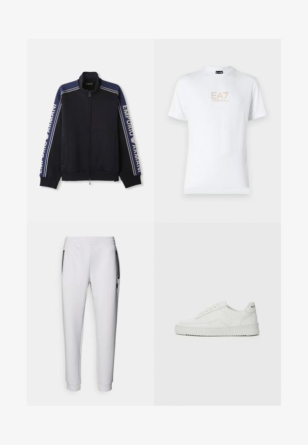 Granatowa kurtka dresowa na zamek z jasnobeżowymi podwójnymi paskami na ramionach i rękawach, z napisem "Emporio Armani" na obu rękawach.; Biała bawełniana koszulka z okrągłym dekoltem i krótkimi rękawami, z nadrukowanym z przodu złotym logo EA7 Emporio Armani.; Białe dresy ze elastyczną talią, dwiema bocznymi kieszeniami, czarnymi zamkami błyskawicznymi oraz ściągaczami przy kostkach. Gładka faktura.; Białe skórzane sneakersy o gładkim wykończeniu, okrągłym nosku, płaskich sznurówkach i teksturowanej podeszwie. Charakteryzują się delikatnym logo na pięcie.