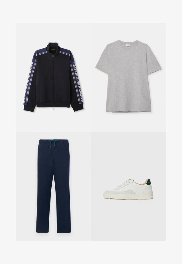Veste de survêtement zippée bleu marine avec des bandes doubles beige clair sur les épaules et les manches, texte "Emporio Armani" le long des deux manches.; T-shirt gris à manches courtes fabriqué en tissu doux et texturé. Présente un col rond classique et un ourlet droit, idéal pour une tenue décontractée.; Pantalons bleu marine avec taille élastique et cordon de serrage en turquoise, présentant une coupe droite et une texture lisse.; Baskets blanches avec des accents en daim, bout arrondi, lacets plats et semelle en caoutchouc crème. Présente une marque verte sur le talon.