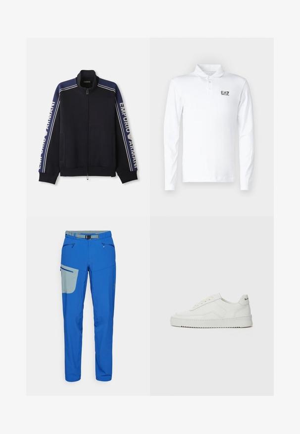 Sötétkék cipzáros futónadrág dzseki világos bézs kétsoros csíkkal a vállakon és az ujjakon, "Emporio Armani" felirat mindkét ujján.; Fehér, hosszú ujjú pólóing, pamutból készült, klasszikus gallérral, három gombbal és fekete EA7 logóval a mellrészen.; Kék kültéri nadrág világosszürke kiegészítő zsebbel, cipzáras zsebekkel, állítható derékkal és keskeny lábakkal.; Fehér bőr sportcipő sima felülettel, kerek orral, lapos fűzőkkel és texturált talppal. Finom logó található a sarokon.