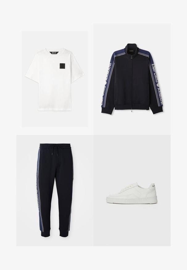 Tummansininen vetoketjullinen urheilutakki, jossa on vaaleanbeiget kaksoisraidat hartioilla ja hihoissa, "Emporio Armani" teksti molemmilla hihoilla.; Valkoinen puuvillapaita lyhythihaisilla hihoilla, jossa on musta neliön muotoinen logopatch vasemmalla rinnalla. Pyöreä pääntie, rento istuvuus.; Mustat collegehousut, joissa on siniset sivuhihnat, joustava vyötärö naruilla, sivutaskut ja ribbaatut nilkkakumit.; Valkoinen nahkakenkä, jossa on sileä pinta, pyöreä kärki, tasaiset nauhat ja teksturoitu pohja. Sisältää huomaamattoman logon kantapäässä.
