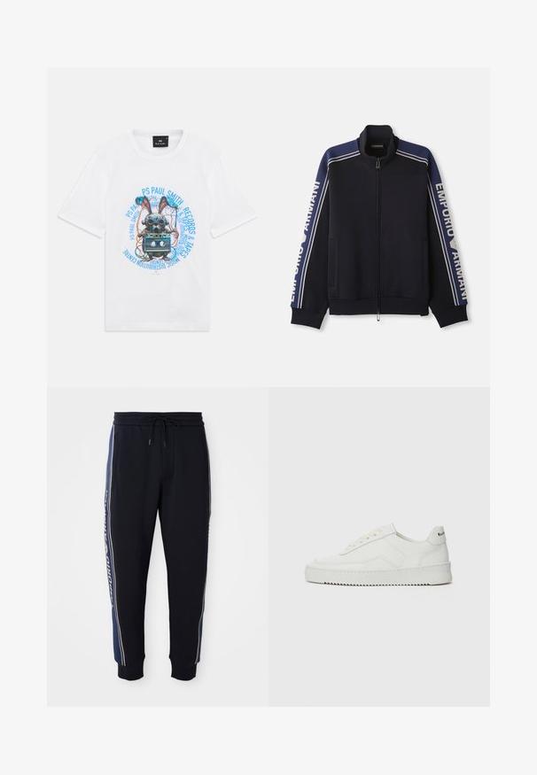 Σκούρο μπλε φούτερ με φερμουάρ και ανοιχτό μπεζ διπλές ρίγες στους ώμους και στα μανίκια, κείμενο "Emporio Armani" κατά μήκος και στις δύο μανίκες.; Λευκό μπλουζάκι με γραφικό μιας μηχανικής αγελάδας που κρατάει μια κασέτα, περιτριγυρισμένο από μπλε κείμενο που γράφει "PS Paul Smith Records & Tapes."; Μαύρο αθλητικό παντελόνι με μπλε ρίγες στο πλάι, ελαστική μέση με κορδόνι, πλαϊνές τσέπες και ριμπ μανσέτες στους αστραγάλους.; Λευκό δερμάτινο sneakers με λείο φινίρισμα, στρογγυλή μύτη, επίπεδα κορδόνια και υφή στην σόλα. Φέρει μια διακριτική λογότυπο στη φτέρνα.