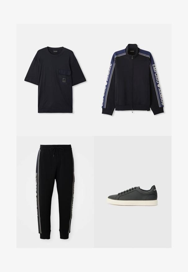 Námořnická modrá bunda na zip s dvojitými světle béžovými pruhy na ramenech a rukávech, text "Emporio Armani" podél obou rukávů.; Černé tričko s krátkým rukávem a kulatým výstřihem, které má kapsu s klopou na levé straně hrudi a malý obdélníkový logový štítek.; Černé teplákové kalhoty s elastickým pasem, šňůrkou, bočními kapsami, žebrovanými manžetami a bílým textem "Emporio Armani" podél bočních pruhů.; Černé kožené tenisky s nízkým profilem, zaoblenou špičkou a šněrováním; mají texturovanou gumovou podrážku a logo na patě.