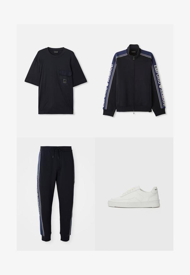 Tumši zils zip-up sporta žakets ar gaiši bēšām dubultām svītrām uz pleciem un piedurknēm, teksts "Emporio Armani" gar abām piedurknēm.; Melnas īsām piedurknēm kreklu ar apaļu kakla izgriezumu un kabatu uz kreisā krūšu, kas ļauj redzēt nelielu taisnstūra formas logo plāksteri.; Melnas sporta bikses ar zilām sānu svītrām, elastīga josta ar auklu, sānu kabatām un ribotām potītēm.; Baltas ādas sneakers ar gludu virsmu, apaļu pirkstu daļu, plakaniem šņorēm un teksturētu zoli. Satur diskrētu logotipu uz papēža.