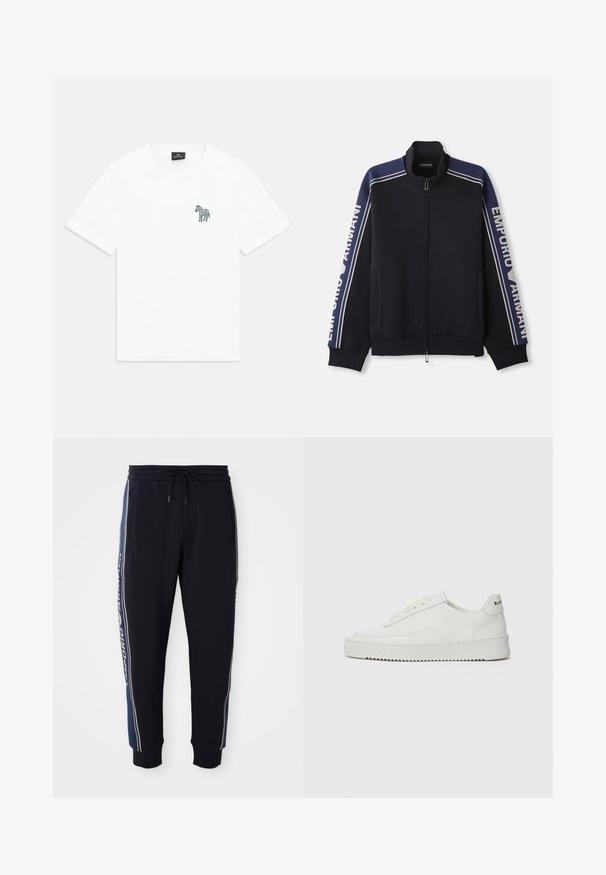 Navyblauwe zip-up trainingsjas met lichtbeige dubbele strepen op de schouders en mouwen, "Emporio Armani" tekst langs beide mouwen.; Witte T-shirt met korte mouwen en ronde hals, met een kleine donkere zebra graphic op de linkerkant van de borst en een zwart label aan de binnenkant van de kraag.; Zwarte joggingbroek met blauwe zijkanten, elastische tailleband met trekkoord, zijzakken en geribbelde enkelboorden.; Witte leren sneaker met een gladde afwerking, ronde neus, platte veters en een gestructureerde zool. Kenmerkt zich door een subtiel logo op de hiel.