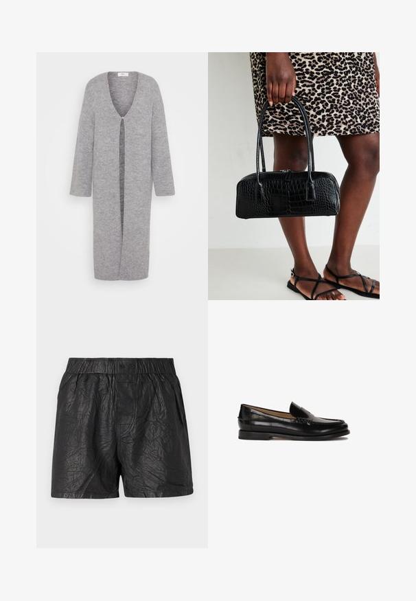 Grau gestrickte Strickjacke mit tiefem V-Ausschnitt, langen Ärmeln und zentralem Öffnung. Weicher Stoff und knielanges Design.; Leichtes cremfarbenes Trägertop mit verstellbaren Spaghetti-Trägern, V-Ausschnitt-Design und Spitzenakzenten am Halsausschnitt und Saum für zusätzliche Details.; Schwarze Shorts aus zerknittertem Material, mit einem elastischen Bund und zwei Knöpfen, knielang und mit glatter Textur.; Schwarzer Lederloafer mit runder Zehenpartie, schlupfendem Design und dezenten Nahtdetails entlang des Oberteils. Flache Gummisohle.; Schwarze Handtasche mit Krokodilprägung, zwei Griffen und Reißverschluss. Die Tasche hat eine rechteckige Form und eine glänzende Oberfläche.