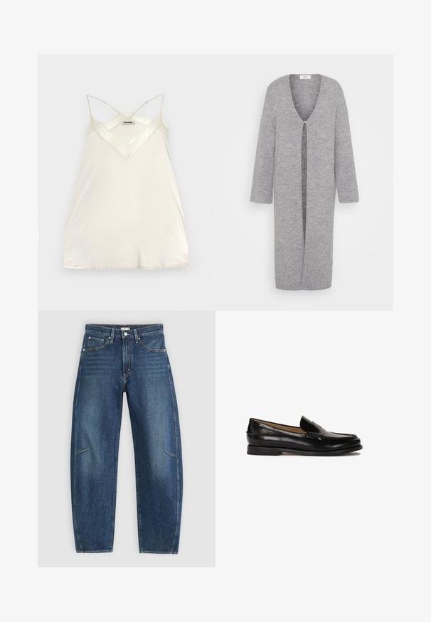 Gray knitted cardigan with a deep V-neckline, long sleeves, and a central opening. Soft texture and knee-length design.; Light cream camisole with adjustable spaghetti straps, V-neck design, and lace accents at the neckline and hem for added detail.; Dark blue denim jeans with a straight-leg design, featuring front pockets, contrast stitching, and a subtle faded texture on the legs.; Black leather loafer with a rounded toe, slip-on design, and subtle stitching details along the upper. Flat rubber sole.