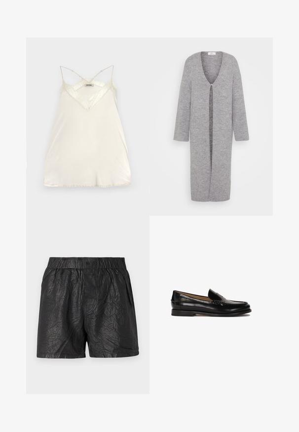 Cardigan grigio lavorato a maglia con scollatura a V profonda, maniche lunghe e apertura centrale. Texture morbida e design fino al ginocchio.; Camisola di crema chiara con spalline regolabili, design a V e dettagli in pizzo sul collo e sull'orlo per un tocco in più.; Pantaloni corti neri realizzati in materiale stropicciato, con una cintura elastica dotata di due bottoni, taglio al ginocchio e texture liscia.; Mocassino in pelle nera con punta arrotondata, design slip-on e dettagli di cucitura discreti lungo la parte superiore. Suola piatta in gomma.