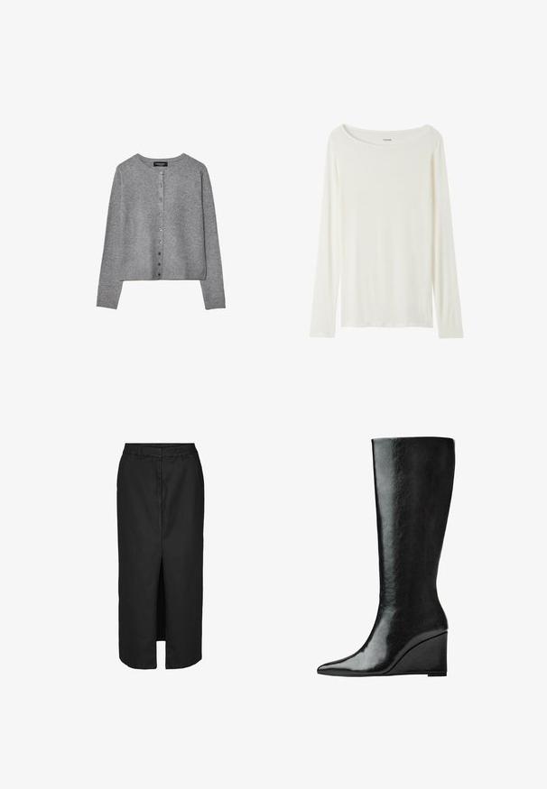 Šedý dlouhý rukáv cardigan s knoflíky, kulatým výstřihem, žebrovanými manžetami a lemem, vystavený na bílém pozadí.; Dlouhý rukáv, top s kulatým výstřihem v krémové barvě, vyrobený z měkké látky. Disponuje rovný střihem a minimalistickým designem bez ozdob.; Černá midi sukně s předním rozparkem, vyrobená z lehkého materiálu. Má klasický pas a decentní boční kapsy.; Černé kožené boty do půlky lýtek s úzkou, špičatou špičkou a klínovým podpatkem. Povrch je hladký s lesklým finišem.