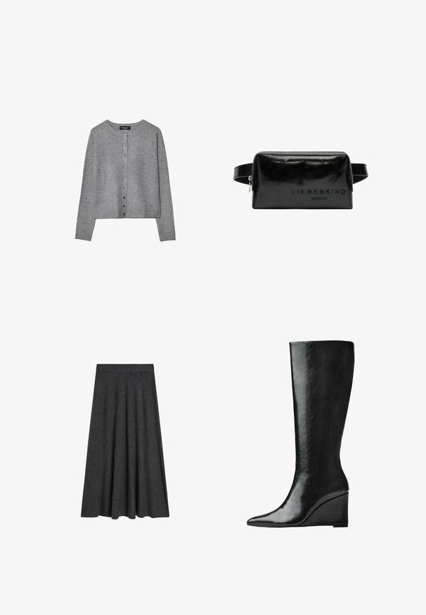 Szary sweter z długim rękawem, zapinany na guziki, z okrągłym dekoltem, ściągaczami przy mankietach i na dole, wyeksponowany na białym tle.; Długi rękaw, bluzka z okrągłym dekoltem w kolorze kremowym, wykonana z miękkiego materiału. Posiada prosty krój i minimalistyczny design bez ozdób.; Rozkloszowana spódnica do kolan w ciemnoszarym kolorze, wykonana z mieszanki wełny, charakteryzująca się gładką teksturą oraz elastyczną talią dla wygody i łatwości noszenia.; Czarne skórzane kozaki sięgające do kolan, z eleganckim, spiczastym noskiem i obcasem w kształcie klina. Powierzchnia jest gładka o błyszczącym wykończeniu.; Czarna skórzana kosmetyczka o gładkiej fakturze, prostokątnym kształcie i wypukłym logo "LIEBESKIND BERLIN" z jednej strony. Posiada zamek błyskawiczny.