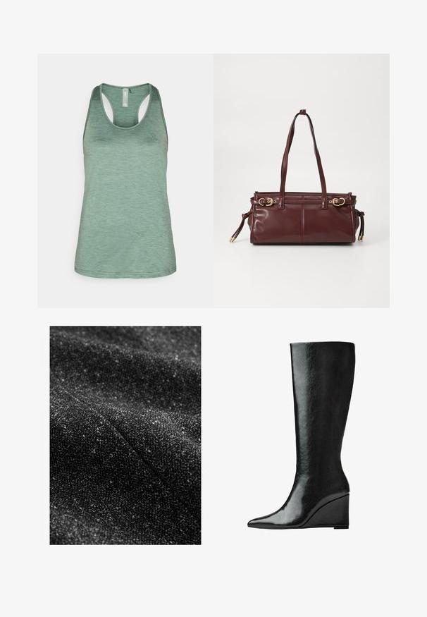 Szary sweter z długim rękawem, zapinany na guziki, z okrągłym dekoltem, ściągaczami przy mankietach i na dole, wyeksponowany na białym tle.; ONLY Play ONPCORE ciemnozielony melanż; Czarna, teksturowana tkanina z wplecionymi jaśniejszymi plamkami, ukazująca miękki, wpleciony wygląd oraz subtelny, zróżnicowany wzór.; Czarne skórzane kozaki sięgające do kolan, z eleganckim, spiczastym noskiem i obcasem w kształcie klina. Powierzchnia jest gładka o błyszczącym wykończeniu.; Burgundowa skórzana torebka na ramię z dwoma paskami, złotym wykończeniem i zamknięciem na zamek. Posiada gładką teksturę i subtelne detale wyszycia.