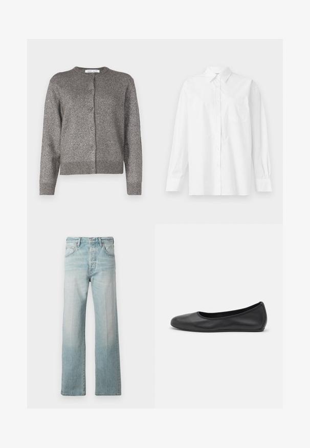 Sivi metalni kardigan s okruglim izrezom, zatvaranjem na gumbi, dugim rukavima, rebrastim rubom i teksturiranim završetkom.; Bjela košulja dugih rukava od pamuka, s klasičnom kragnom, dugmadi na prednjem dijelu i jednim džepom na lijevoj strani.; Svijetloplave traperice s ravnim nogavicama, visokim strukom, prednjim džepovima i izblijedjelom teksturom. Dovršene su suptilno šavom na pojasu.; Crne kožne baletanke s zaobljenim vrhom, glatke teksture, minimalnim detaljima šavova i fleksibilnim dizajnom potplata.