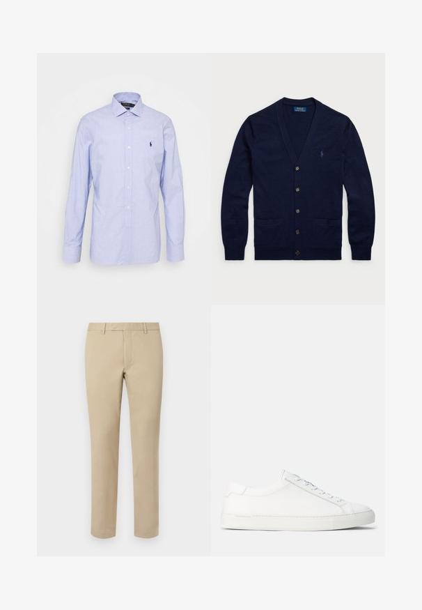 Cardigã em malha azul-marinho, feito de tecido macio, com decote em V, cinco botões frontais, dois bolsos frontais e um pequeno logótipo no peito.; Camisa de botão de manga comprida azul-claro em tecido suave. Apresenta um colarinho clássico, placket frontal e um pequeno logótipo bordado no peito.; Calças de algodão bege com corte reto, apresentando passantes para cinto, frente lisa e bainhas ajustadas. Textura suave e detalhes mínimos.; Sneakers brancos em couro com textura suave, forma arredondada, sola de borracha plana e atacadores brancos. Apresenta um design minimalista e uma marca discreta.