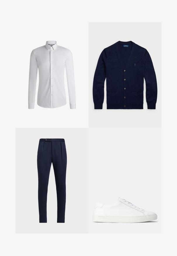 Sötétkék, puha kötött anyagból készült kardigán, V nyakkivágással, öt gombbal elől, két elülső zsebbel és egy kis logóval a mellen.; Hosszú ujjú fehér ing, sima anyagból készült, gombos gallérral és egy sor gombbal az elején. Egyszerű dizájn.; Tengerészeti kék, testreszabott nadrág, lapos elejű, két elülső pliszével és egy gombos záródással, sima, textúrált anyaggal.; Fehér bőr sportcipő sima felülettel, lekerekített formával, lapos gumitalppal és fehér fűzőkkel. Minimalista dizájnnal és diszkrét márkajelzéssel rendelkezik.