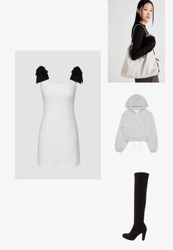 Hall moodi hall, millel on esifrontaalne lukustus, sääreni tõmbunööridega, suur kapuuts ja vasakul varrukal lukuga tasku. Pehme kangast tekstuur.; Valge lühike kleit ruudukujulise dekolteega, tekstuurse kangaga ja mustade volangakinnitusdetailidega õlavarre rihmadel. Kerekuju järgiv disain, millel on puhtad jooned.; Mustad üle põlve saapad, mis on valmistatud pehmest nahast, omavad kinnist disaini ja kõrget, paksu kontsa. Sile tekstuur, minimaalne riistvara.; Bež käekott pehme materjali, millel on lõtv disain, õmblustega detailid ja kaks õlarihma. Sobib igapäevaseks kasutamiseks.