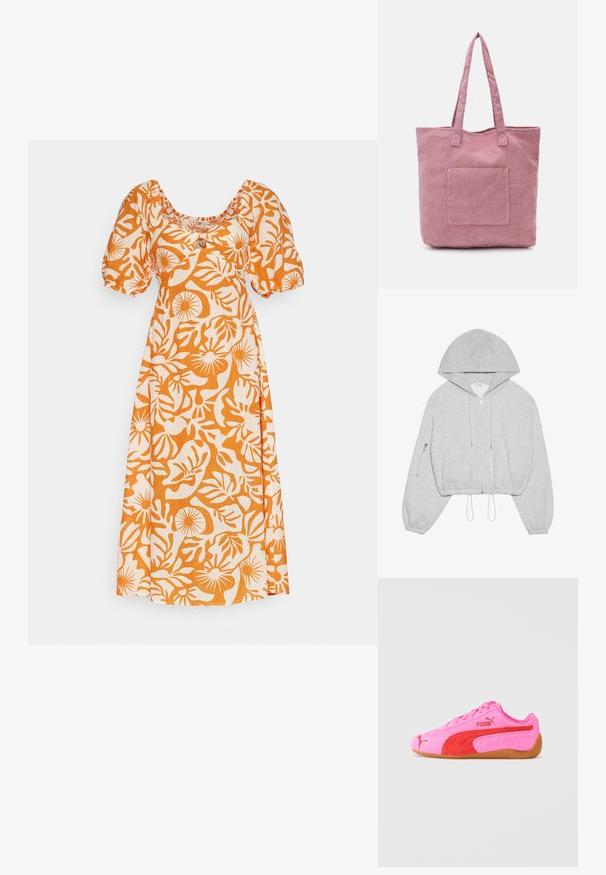 Haut à capuche gris cropped avec une fermeture éclair à l'avant, cordon de serrage à l'ourlet, grande capuche et poche zippée sur la manche gauche. Texture de tissu douce.; Robe à motif floral orange et blanc avec un décolleté carré, des manches courtes bouffantes et une coupe décontractée. Fabriquée en tissu léger.; Baskets en suède rose avec des accents rouges, une semelle en caoutchouc et des détails de logo distinctifs. Caractéristiques : bout arrondi et design à lacets.; Sac fourre-tout en velours côtelé rose avec deux longues poignées, présentant une poche avant et une texture légèrement côtelée. Intérieur lisse.