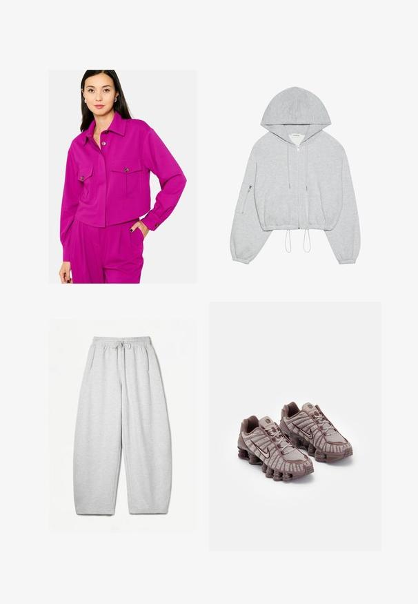Huppari harmaana, lyhyt malli, edessä vetoketju, nyöritys helmassa, suuri huppu ja vasemmassa hihassa vetoketjulla varustettu tasku. Pehmeä kangastuntuma.; Lyhyt fuksia takki pitkillä hihoilla, napitus, kaksi rintataskua ja istuva malli. Suora pinta hienovaraisilla ommeltyksillä.; Harmaat rentosäärystimet, joissa on rento istuvuus, joustava vyötärö, nyöri ja sivutaskut; valmistettu pehmeästä, teksturoidusta kankaasta.; Nike Sportswear SHOX TL - Matalavartiset tennarit - pumice/night maroon/plum eclipse