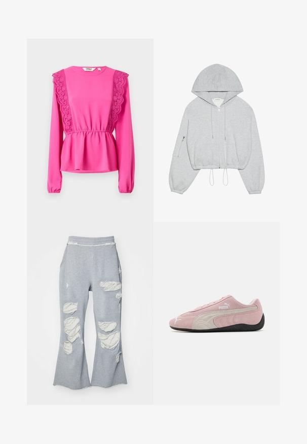 Huppari harmaana, lyhyt malli, edessä vetoketju, nyöritys helmassa, suuri huppu ja vasemmassa hihassa vetoketjulla varustettu tasku. Pehmeä kangastuntuma.; Fuksia pitkähihaiset pusero, jossa on pitsiyksityiskohtia olkapäillä, kerätty vyötärö ja teksturoitu kangas. Pyöreä pääntie ja elastiset hihansuut.; Harmaat collegehousut, joissa on levenevät lahkeet ja useita kuluneita paikkoja, jotka paljastavat vaaleampaa kangasta. Joustava vyötärö vyötärön mukavuuden takaamiseksi.; Vaaleanpunaiset mokkanahkakengät, joissa on harmaat yksityiskohdat, virtaviivainen muotoilu, teksturoitu päällinen ja musta kumipohja. Sivulla on Puma-logo.