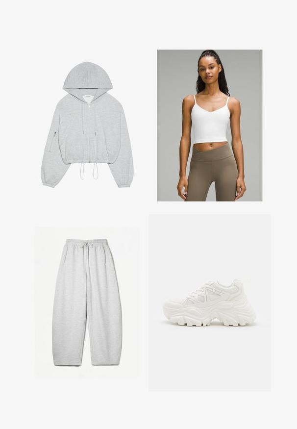 Sivá zastrihnutá mikina s predným zipsom, sťahovacou šnúrkou na dolnom okraji, veľkou kapucňou a zipsovou vreckom na ľavom rukáve. Mäkkučká textúra látky.; Biely skrátený top na ramienka s tenkými prúžkami a výstrihom do V. V kombinácii s vysokými svetlobéžovými legínami. Hladká textúra látky.; Svetlošedé tepláky s voľným strihom, elastickým pásom, šnúrkou a bočnými vreckami; vyrobené z mäkkej, štruktúrovanej látky.; Biele robustné tenisky s textúrovaným zvrškom, sieťovinovými panelmi a hrubými gumovými podrážkami s výrazným vzorom. Šnúrky a pútko na vytiahnutie sú súčasťou.