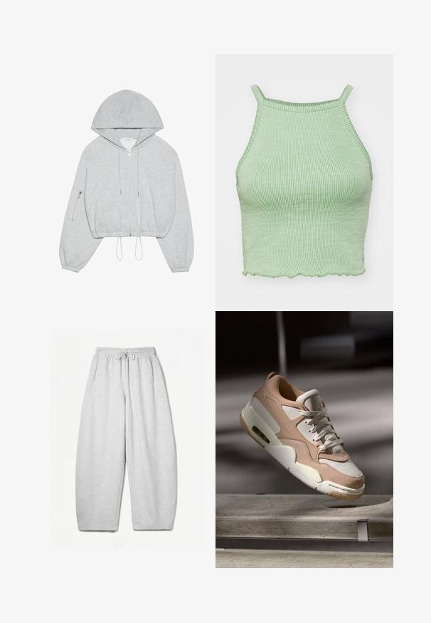 Szürke, rövidített kapucnis pulóver, elülső cipzárral, húzózsinórral az alján, nagy kapucnival és cipzáras zsebbel a bal ujjon. Puha szövet textúra.; Zöld csíkos crop top vékony pántokkal, fodros szegéllyel és texturált anyagból készült. Nincs feltűnő fém alkatrész vagy minta.; Világosszürke, laza fazonú melegítőnadrág, rugalmas derékpánttal, zsinórral és oldalsó zsebekkel; puha, texturált anyagból készült.; Bézs és fehér sportcipő sima bőr és velúr felülettel, párnázott nyelvvel, fűzős elülső résszel és látható légpárnás egységgel.