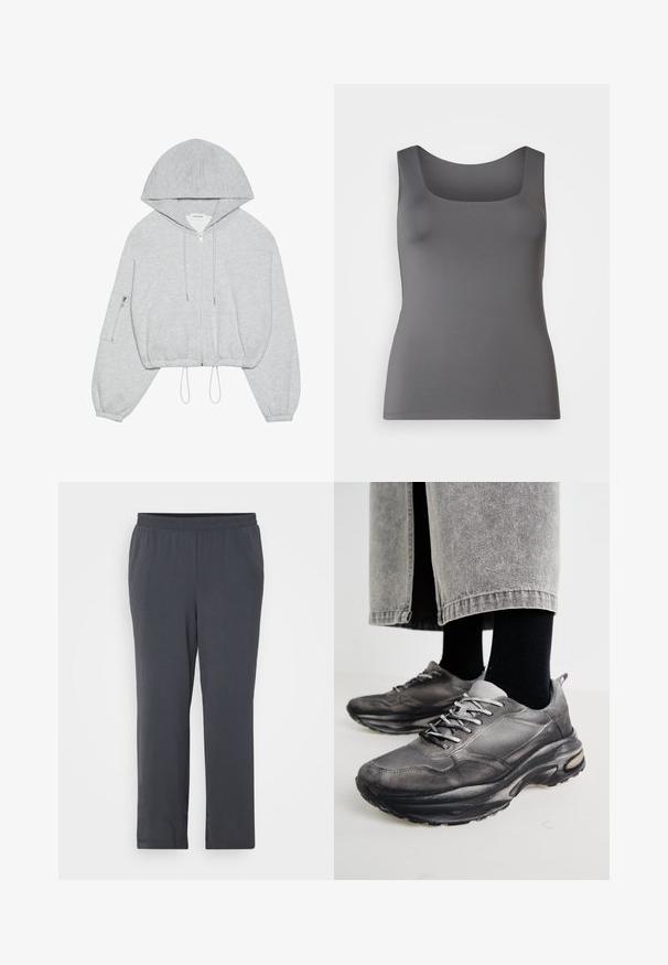 Haut à capuche gris cropped avec une fermeture éclair à l'avant, cordon de serrage à l'ourlet, grande capuche et poche zippée sur la manche gauche. Texture de tissu douce.; Débardeur gris avec un décolleté carré. Fabriqué en tissu lisse, il présente une silhouette près du corps et de larges bretelles.; Pantalons gris foncé avec une taille élastique, fabriqués à partir d'un tissu texturé. Coupe droite avec une finition lisse et sans ornements visibles.; Des chaussures de sport noires et grises présentent un dessus en mesh, des semelles épaisses et des lacets. Elles ont un bout arrondi et des détails de rembourrage visibles.