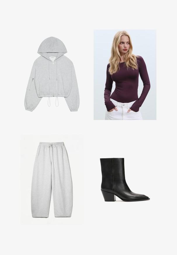 Siva skrajšana kapuca s prednjim zadrgo, z vrvico na robu, velika kapuca in žep z zadrgo na levem rokavu. Mehek tekstilni občutek.; Bordo dolga majica z obrnjenim ovratnikom in odprtinami za palce, v kombinaciji z belimi hlačami z visokim pasom. Gladek material in elastična tekstura.; Svijetlo sivi duksericasti donji dio s opuštenim krojem, elastičnim pojasom, vezicama i bočnim džepovima; izrađen od mekanog, teksturiranog materijala.; Črne usnjene gležnjarje z gladko teksturo, kvadratnim nosom in geometrijsko debelim peto. Elegantna zasnova brez vidne strojne opreme ali vzorcev.
