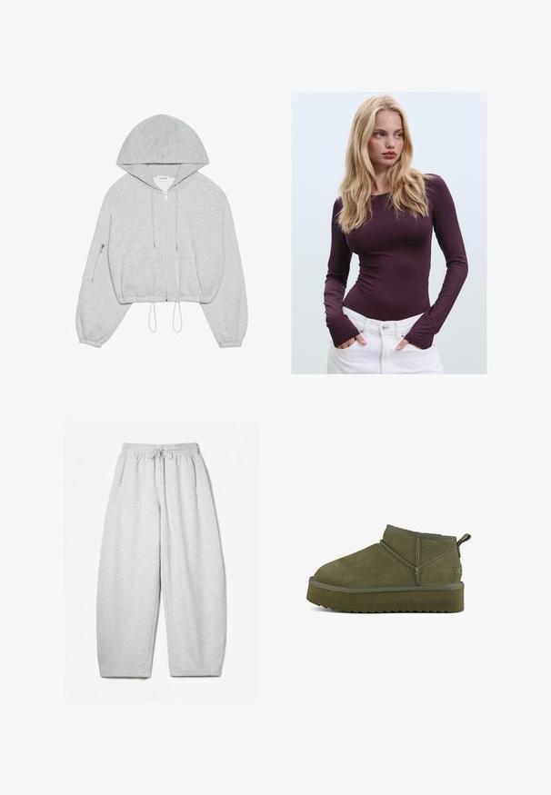 Siva skraćena kapuljača s prednjim patentnim zatvaračem, vezicom na rubu, velikom kapuljačom i patentnim džepom na lijevom rukavu. Mekani tekstil.; Burgundska majica dugih rukava s uskim krojem, okruglim izrezom i otvorima za palčeve, u kombinaciji s bijelim hlačama visokoga struka. Glatka tkanina i rastezljiv materijal.; Svijetlosivi dukserica s opuštenim krojem, elastičnim pojasom, vezicom i bočnim džepovima; izrađeni od mekanog, teksturiranog materijala.; Zelene antilopne čizme do gležnja s okruglim vrhom, šivanim detaljima i teksturiranom potplatom. Imaju praktičnu petnu petlju za lakše obuvanje.