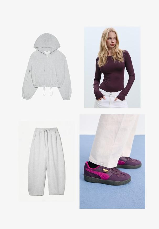 Szara, krótka bluza z kapturem, z zamkiem z przodu, ściągaczem u dołu, dużym kapturem i zamykaną na zamek kieszenią na lewym rękawie. Miękka tekstura materiału.; Bordowy, dopasowany top z długim rękawem i okrągłym dekoltem, z otworami na kciuki, zestawiony z białymi spodniami o wysokim stanie. Gładki materiał i elastyczna faktura.; Jasnoszare dresy o luźnym kroju, z elastycznym pasem, sznurkiem i bocznymi kieszeniami; wykonane z miękkiego, teksturowanego materiału.; Fioletowe i różowe sneakersy z gumową podeszwą, z teksturowaną powierzchnią, sznurówkami i złotym logo z boku. Białe spodnie kontrastują z butami.