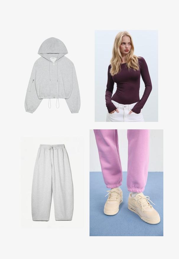 Siva skraćena kapuljača s prednjim patentnim zatvaračem, vezicom na rubu, velikom kapuljačom i patentnim džepom na lijevom rukavu. Mekani tekstil.; Burgundska majica dugih rukava s uskim krojem, okruglim izrezom i otvorima za palčeve, u kombinaciji s bijelim hlačama visokoga struka. Glatka tkanina i rastezljiv materijal.; Svijetlosivi dukserica s opuštenim krojem, elastičnim pojasom, vezicom i bočnim džepovima; izrađeni od mekanog, teksturiranog materijala.; Bež tenisice s teksturiranim gornjim dijelom, podstavljenim jezikom i vezanjem, u kombinaciji s uskim ružičastim trenirkama s rebrastim rubovima.