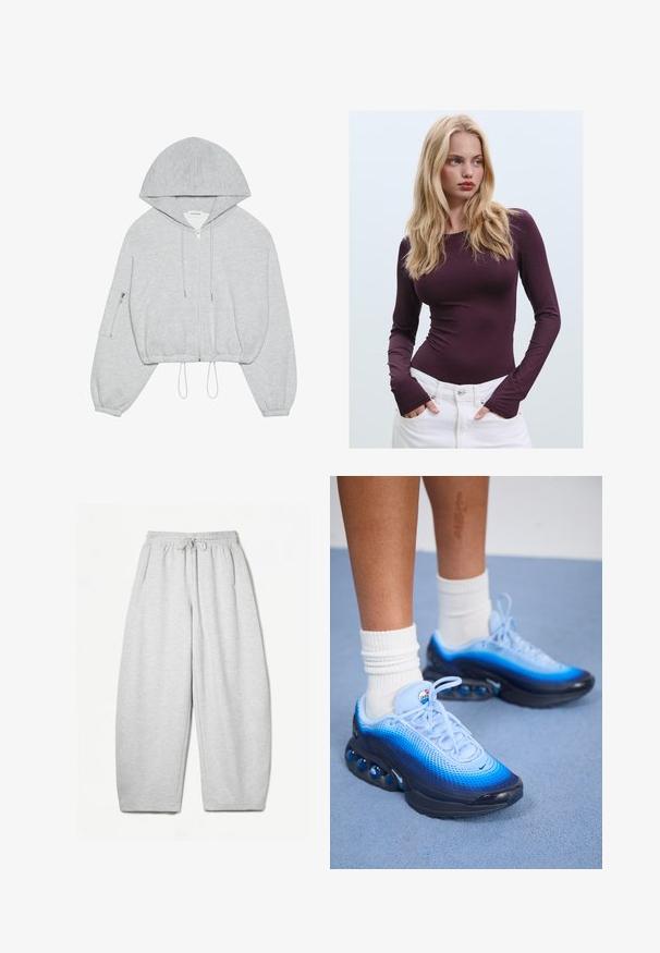 Grå kortärmad huvtröja med dragkedja fram, dragsko i nederkant, stor huva och dragkedja på vänster ärm. Mjuk textur.; Bordeaux långärmad tajt topp med rund halsringning och tumhål, kombinerad med vita högmidjade byxor. Slätt tyg och elastisk textur.; Ljusgrå sweatpants med avslappnad passform, elastiskt midjeband, dragsko och sidofickor; tillverkade av mjukt, texturerat tyg.; Blå och svarta sneakers med mesh-överdela, gradientdesign och rund dämpning i sulan. Bärs med vita ribbade strumpor.