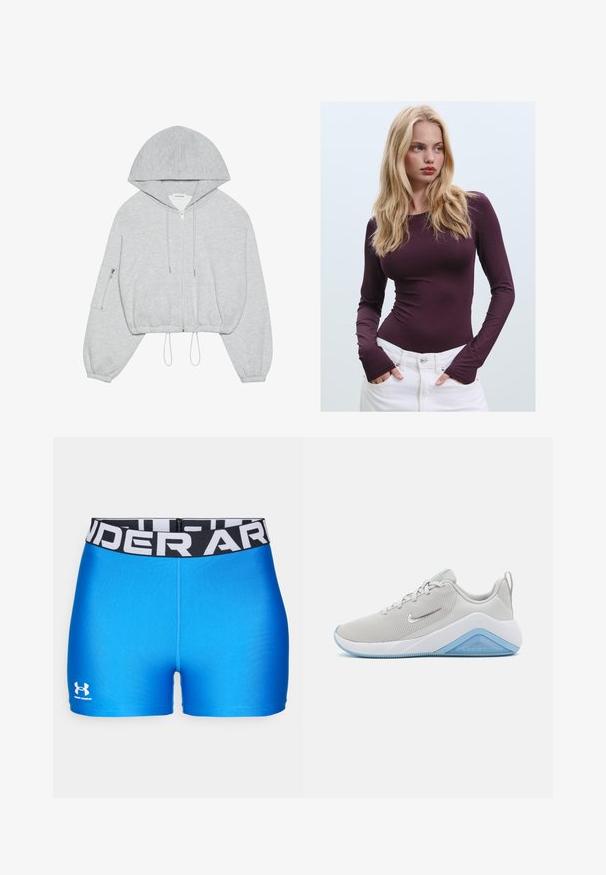Huppari harmaana, lyhyt malli, edessä vetoketju, nyöritys helmassa, suuri huppu ja vasemmassa hihassa vetoketjulla varustettu tasku. Pehmeä kangastuntuma.; Burgundy pitkähiha, muotoonompelu ykkönen pyöreällä kaula-aukolla ja peukaloaukoilla, yhdistettynä valkoisiin korkeavyötäröisiin housuihin. Sileä kangas ja joustava rakenne.; Siniset urheilusortsit, joissa on musta vyötärönauha, jossa on valkoiset "UNDER ARMOUR" -tekstit. Sileä pinta, istuva muotoilu ja logo helmassa.; Vaaleanharmaa urheilujalkine, jossa on verkkopinta, valkoinen pohja ja sinisiä yksityiskohtia. Sen muotoilu on sulava, ja pinnassa on tekstuuria pidon parantamiseksi.