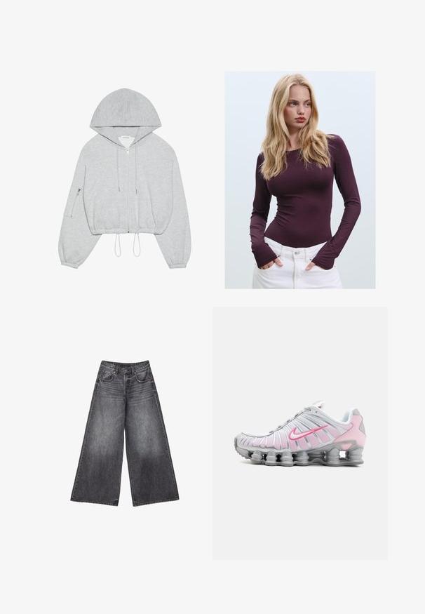 Siva skraćena kapuljača s prednjim patentnim zatvaračem, vezicom na rubu, velikom kapuljačom i patentnim džepom na lijevom rukavu. Mekani tekstil.; Burgundska majica dugih rukava s uskim krojem, okruglim izrezom i otvorima za palčeve, u kombinaciji s bijelim hlačama visokoga struka. Glatka tkanina i rastezljiv materijal.; Široke crne izblijedjele traperice s prednjim džepovima, bakrenim zakovicama, petljama za pojas i malim detaljem u obliku zvijezde na desnom džepu.; Nike atletska obuća u bijeloj i svijetlosmešanoj boji. Ima mrežasti gornji dio i karakterističnu zakrivljenu potplat s vidljivim zračnim jastučićima.