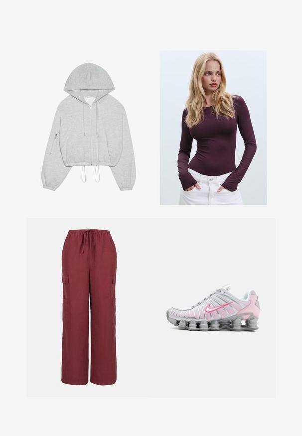 Siva skraćena kapuljača s prednjim patentnim zatvaračem, vezicom na rubu, velikom kapuljačom i patentnim džepom na lijevom rukavu. Mekani tekstil.; Burgundska majica dugih rukava s uskim krojem, okruglim izrezom i otvorima za palčeve, u kombinaciji s bijelim hlačama visokoga struka. Glatka tkanina i rastezljiv materijal.; Bordo cargo hlače napravljene od lagane tkanine, s elastičnim pojasom, širokim nogavicama i dva bočna džepa za teret.; Nike atletska obuća u bijeloj i svijetlosmešanoj boji. Ima mrežasti gornji dio i karakterističnu zakrivljenu potplat s vidljivim zračnim jastučićima.