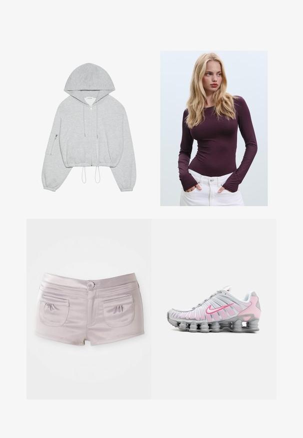 Siva skrajšana kapuca s prednjim zadrgo, z vrvico na robu, velika kapuca in žep z zadrgo na levem rokavu. Mehek tekstilni občutek.; Bordo dolga majica z obrnjenim ovratnikom in odprtinami za palce, v kombinaciji z belimi hlačami z visokim pasom. Gladek material in elastična tekstura.; Svetlo vijolične kratke hlače iz gladkega, sijočega materiala, z dvema žepoma na zadnji strani in sprednjim zapiranjem na gumb ter ravnim pasom.; Nike atletski čevlj v beli in svetlo roza barvi. Ponuja mrežasto zgornji del in edinstven ukrivljen podplat z vidno zračnim blaženjem.
