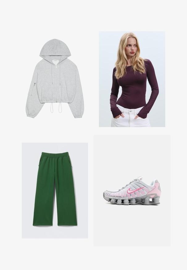 Grauer, kürzerer Hoodie mit einem Frontreißverschluss, Kordelzug am Saum, großer Kapuze und einer Reißverschlusstasche am linken Ärmel. Weiche Stoffstruktur.; Burgunderfarbenes, langärmeliges, tailliertes Oberteil mit Rundhalsausschnitt und Daumenschlitzen, kombiniert mit weißen hochtaillierten Hosen. Glatter Stoff und elastische Textur.; Grüne Hosen mit weitem Bein aus weichem Stoff, ausgestattet mit einem elastischen Bund und Seitentaschen für praktische Nutzung. Keine sichtbaren Muster oder Metallteile.; Nike Sportschuh in Weiß und Hellrosa. Mit einem Obermaterial aus Mesh und einer markanten, gewölbten Sohle mit sichtbarer Luftpolsterung.