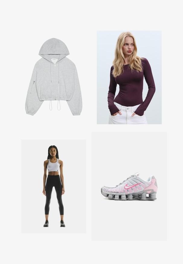 Gray cropped hoodie with a front zipper, drawstring at the hem, large hood, and zippered pocket on the left sleeve. Soft fabric texture.; Burgundy long-sleeve fitted top with a round neckline and thumbholes, paired with white high-waisted pants. Smooth fabric and stretchy texture.; White sports bra with adjustable straps paired with high-waisted black leggings. Model stands in black athletic shoes. Simple, functional design.; Nike athletic shoe in white and light pink. Features a mesh upper and distinctive curved sole with visible air cushioning.