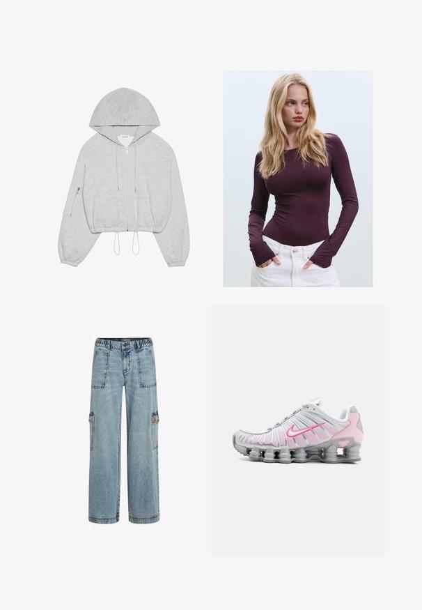 Grå kortärmad huvtröja med dragkedja fram, dragsko i nederkant, stor huva och dragkedja på vänster ärm. Mjuk textur.; Bordeaux långärmad tajt topp med rund halsringning och tumhål, kombinerad med vita högmidjade byxor. Slätt tyg och elastisk textur.; Ljust blå denim cargo byxor med elastisk midja, två framfickor och sidofickor. Löst sittande med rak ben-design.; Nike idrottssko i vitt och ljusrosa. Har en meshtopp och en distinkt böjd sula med synlig luftdämpning.