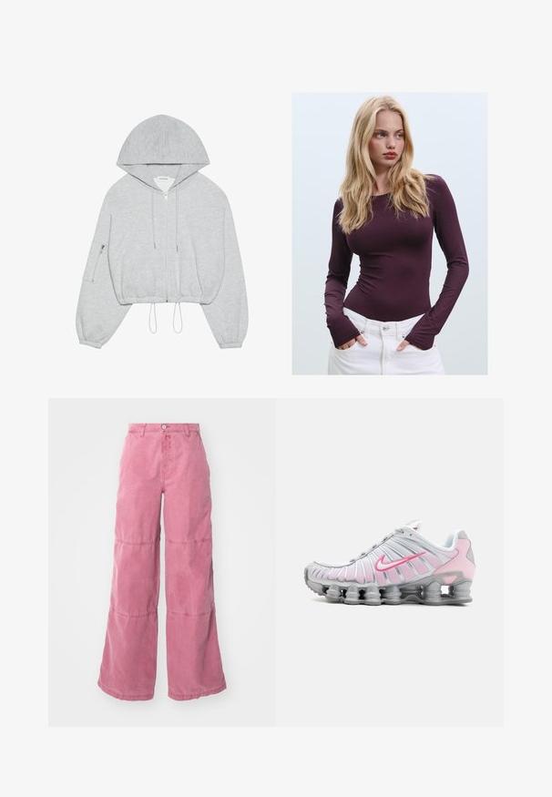 Grauer, kürzerer Hoodie mit einem Frontreißverschluss, Kordelzug am Saum, großer Kapuze und einer Reißverschlusstasche am linken Ärmel. Weiche Stoffstruktur.; Burgunderfarbenes, langärmeliges, tailliertes Oberteil mit Rundhalsausschnitt und Daumenschlitzen, kombiniert mit weißen hochtaillierten Hosen. Glatter Stoff und elastische Textur.; Rosa weite Hosen aus Baumwolle mit einem verblassten Finish. Zwei horizontale Nähte schaffen ein markantes Paneeldesign. Vorderer Knopfverschluss.; Nike Sportschuh in Weiß und Hellrosa. Mit einem Obermaterial aus Mesh und einer markanten, gewölbten Sohle mit sichtbarer Luftpolsterung.