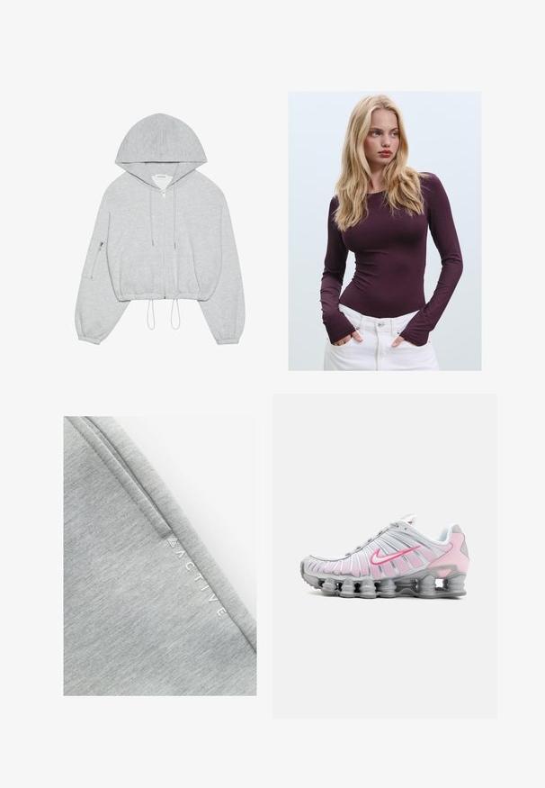 Grijze cropped hoodie met een rits aan de voorkant, trekkoord aan de onderkant, grote capuchon en een ritszak op de linkermouw. Zachte stoftextuur.; Bordeaux lang verbrande top met een ronde halslijn en duimopeningen, gecombineerd met witte hooggetailleerde broek. Glad materiaal en rekbare textuur.; Grijze sportkledingstof met een gladde, textuurachtige oppervlakte en een subtiel gemêleerd patroon. Het woord "ACTIVE" is in het wit langs de zijkant gedrukt.; Nike hardloopschoen in wit en lichtroze. Bevat een bovenwerk van mesh en een kenmerkende gebogen zool met zichtbare luchtvering.