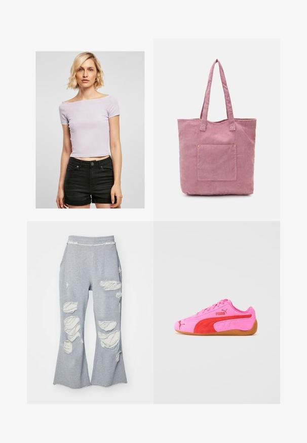 Hanorac scurt gri cu fermoar pe față, siret la margine, glugă mare și buzunar cu fermoar pe mâneca stângă. Textură moale a materialului.; Top scurt din material pliat de culoare mov deschis, cu un design off-shoulder, mâneci scurte și croi ajustat, purtat cu pantaloni scurți negri cu talie înaltă.; Pantaloni de trening gri cu un design cu picior flared, având multiple petice deteriorate care expun o țesătură mai deschisă. Brâu elastic pentru confort.; Tenis roz din suede cu accente roșii, talpă din cauciuc și detalii cu logo-ul specific. Prezintă un vârf rotund și un design cu șireturi.; Geantă tote din catifea roz, cu două mânere lungi, având un buzunar frontal și o textură subtilă de ribbon. Interior neted.