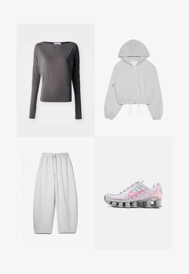 Gray cropped hoodie with a front zipper, drawstring at the hem, large hood, and zippered pocket on the left sleeve. Soft fabric texture.; Long-sleeve top in dark gray, made of soft fabric. Features a wide neckline and fitted silhouette. Accents include cut-out detailing at sleeves.; Light grey sweatpants with a relaxed fit, elastic waistband, drawstring, and side pockets; made from soft, textured fabric.; Nike athletic shoe in white and light pink. Features a mesh upper and distinctive curved sole with visible air cushioning.