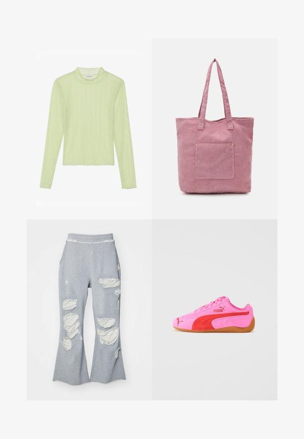 Grauer, kürzerer Hoodie mit einem Frontreißverschluss, Kordelzug am Saum, großer Kapuze und einer Reißverschlusstasche am linken Ärmel. Weiche Stoffstruktur.; Langarmshirt in Hellgrün, aus strukturiertem Stoff mit einem Stehkragen und gewelltem Muster. Slim Fit mit Cropped-Design und gewelltem Saum.; Graue Jogginghose mit weitem Bein-Design, die mehrere abgenutzte Patches aufweist, die helleres Material freilegen. Elastischer Bund für mehr Komfort.; Rosa Wildlederschuh mit roten Akzenten, einer Gummisohle und charakteristischen Logodetails. Mit einer abgerundeten Zehenpartie und einem Schnürdesign.; Rosa Cord-Mappen-Tasche mit zwei langen Griffen, ausgestattet mit einer Vordertasche und einer subtilen Rippstruktur. Glattes Innenfutter.