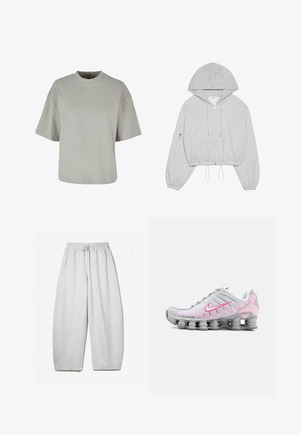 Hanorac scurt gri cu fermoar pe față, siret la margine, glugă mare și buzunar cu fermoar pe mâneca stângă. Textură moale a materialului.; Tricou gri cu maneci scurte, cu guler rotund, fabricat dintr-un material de bumbac moale, având o croială relaxată și detalii de coasere minime.; Pantaloni de trening gri deschis, cu o croială lejeră, talie elastică, șnur și buzunare laterale; realizați dintr-un material moale, texturat.; Pantof de atletism Nike în alb și roz deschis. Prezintă un superior din plasă și o talpă curbată distinctivă cu amortizare de aer vizibilă.