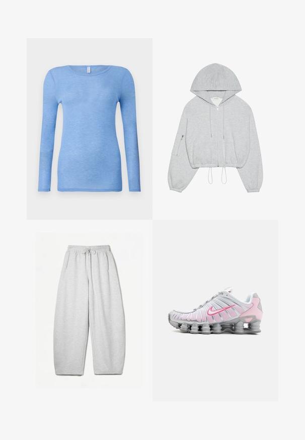 Siva skraćena kapuljača s prednjim patentnim zatvaračem, vezicom na rubu, velikom kapuljačom i patentnim džepom na lijevom rukavu. Mekani tekstil.; Svijetloplava majica dugih rukava napravljena od mekanog, laganog materijala. Ima okrugli izrez i usklađen dizajn. Bez vidljivih uzoraka ili akcenata.; Svijetlosivi dukserica s opuštenim krojem, elastičnim pojasom, vezicom i bočnim džepovima; izrađeni od mekanog, teksturiranog materijala.; Nike atletska obuća u bijeloj i svijetlosmešanoj boji. Ima mrežasti gornji dio i karakterističnu zakrivljenu potplat s vidljivim zračnim jastučićima.