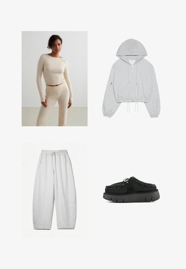 Szara, krótka bluza z kapturem, z zamkiem z przodu, ściągaczem u dołu, dużym kapturem i zamykaną na zamek kieszenią na lewym rękawie. Miękka tekstura materiału.; Beżowa, prążkowana bluzka z długim rękawem oraz dopasowane spodnie z wysokim stanem, miękka tekstura, dopasowany krój, minimalistyczny styl z subtelnymi detalami w ściegach.; Jasnoszare dresy o luźnym kroju, z elastycznym pasem, sznurkiem i bocznymi kieszeniami; wykonane z miękkiego, teksturowanego materiału.; Czarne zamszowe buty wsuwane z futrzanym wykończeniem, plecionym przeszyciem i masywną czarną podeszwą. Posiadają markowy pasek na górze.