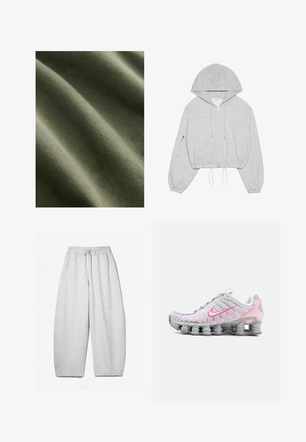 Haut à capuche gris cropped avec une fermeture éclair à l'avant, cordon de serrage à l'ourlet, grande capuche et poche zippée sur la manche gauche. Texture de tissu douce.; Tissu vert olive avec une texture lisse, présentant des rainures et des vagues subtiles, mettant en valeur un matériau léger et extensible.; Pantalons de survêtement gris clair avec une coupe décontractée, taille élastique, cordelette de serrage et poches latérales ; fabriqués à partir d'un tissu doux et texturé.; Chaussure de sport Nike en blanc et rose clair. Présente un dessus en mesh et une semelle incurvée distinctive avec un amorti à air visible.