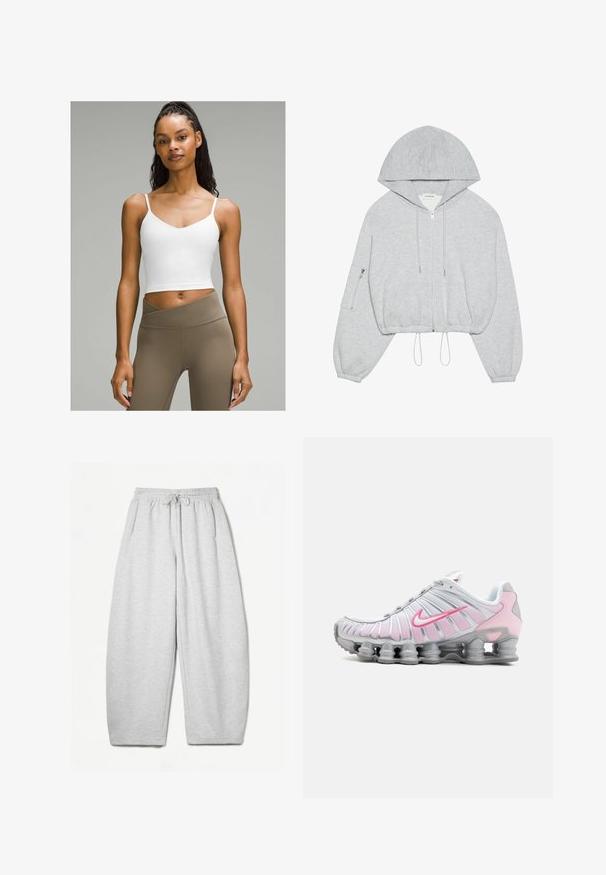 Grå cropped hoodie med lynlås foran, snøre ved kanten, stor hætte og lynlås-lomme på venstre ærme. Blødt stof.; Hvid cropped tank top med tynde stropper, der har en v-halsudskæring. Sammen med højtaljede, lysebrune leggings. Glat stofstruktur.; Lysegrå sweatpants med en afslappet pasform, elastisk talje, snøre og sidelommer; lavet af blødt, struktureret stof.; Nike træningssko i hvid og lys pink. Har en mesh-overdel og en markant buet sål med synlig luftdæmpning.
