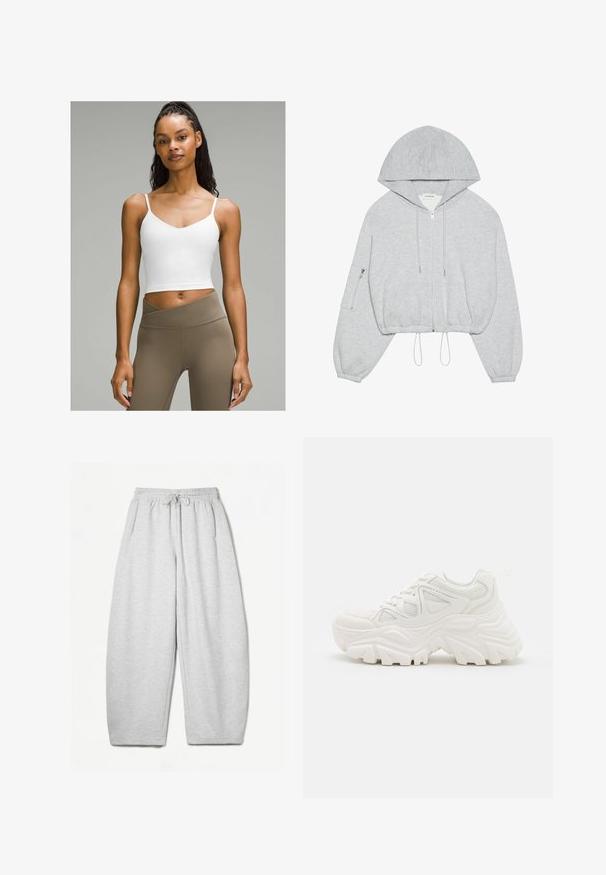 Grå cropped hoodie med lynlås foran, snøre ved kanten, stor hætte og lynlås-lomme på venstre ærme. Blødt stof.; Hvid cropped tank top med tynde stropper, der har en v-halsudskæring. Sammen med højtaljede, lysebrune leggings. Glat stofstruktur.; Lysegrå sweatpants med en afslappet pasform, elastisk talje, snøre og sidelommer; lavet af blødt, struktureret stof.; Hvide chunky sneakers med en tekstureret overdel, mesh-paneler og tykke gummisåler med et markant dækmønster. Snørebånd og en pull-tab medfølger.