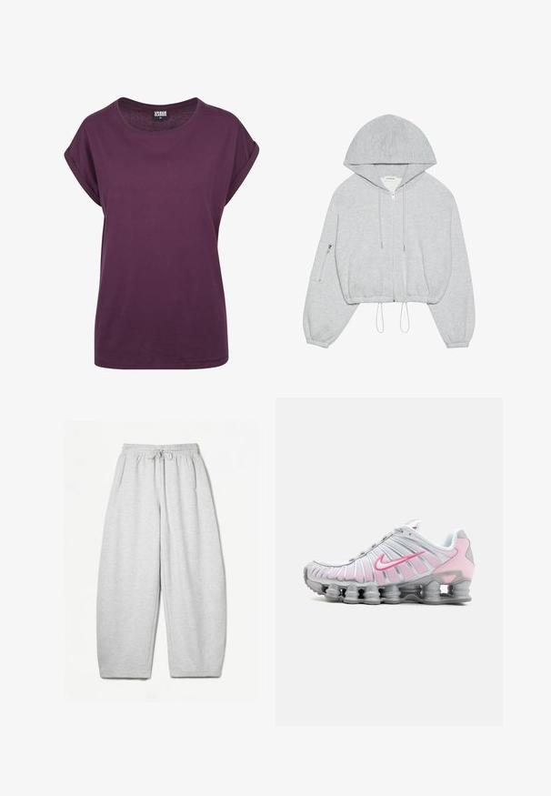 Siva skrajšana kapuca s prednjim zadrgo, z vrvico na robu, velika kapuca in žep z zadrgo na levem rokavu. Mehek tekstilni občutek.; Vijolična bombažna majica, ohlapen kroj, okrogla izreza, zvite kratke rokave in ravno dno. Minimalistična zasnova brez vidnih vzorcev ali akcentov.; Svijetlo sivi duksericasti donji dio s opuštenim krojem, elastičnim pojasom, vezicama i bočnim džepovima; izrađen od mekanog, teksturiranog materijala.; Nike atletski čevlj v beli in svetlo roza barvi. Ponuja mrežasto zgornji del in edinstven ukrivljen podplat z vidno zračnim blaženjem.