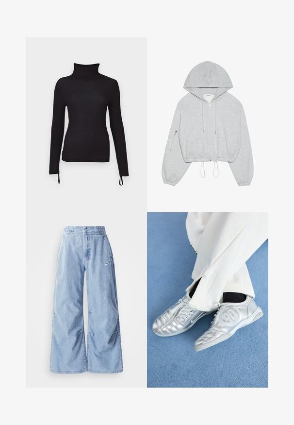 Sivá zastrihnutá mikina s predným zipsom, sťahovacou šnúrkou na dolnom okraji, veľkou kapucňou a zipsovou vreckom na ľavom rukáve. Mäkkučká textúra látky.; Čierne tričko s dlhým rukávom a rolákom, slim fit, so žebrovanou textúrou, s nastaviteľnými šnúrkami na spodnom leme pre prispôsobiteľnú dĺžku.; Nike Sportswear PANT - Džínsy voľného strihu - lt armory blue; Strieborné atletické topánky s hladkým, lesklým povrchom, zdobené prešitím a číslom 90 na boku, skombinované s bielymi nohavicami.